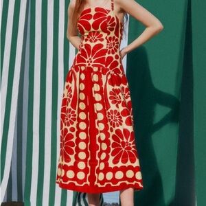 NWT AUTH FARM RIO Red Palermo Sleeveless Midi Linen Dress XXS Beaded Strap.